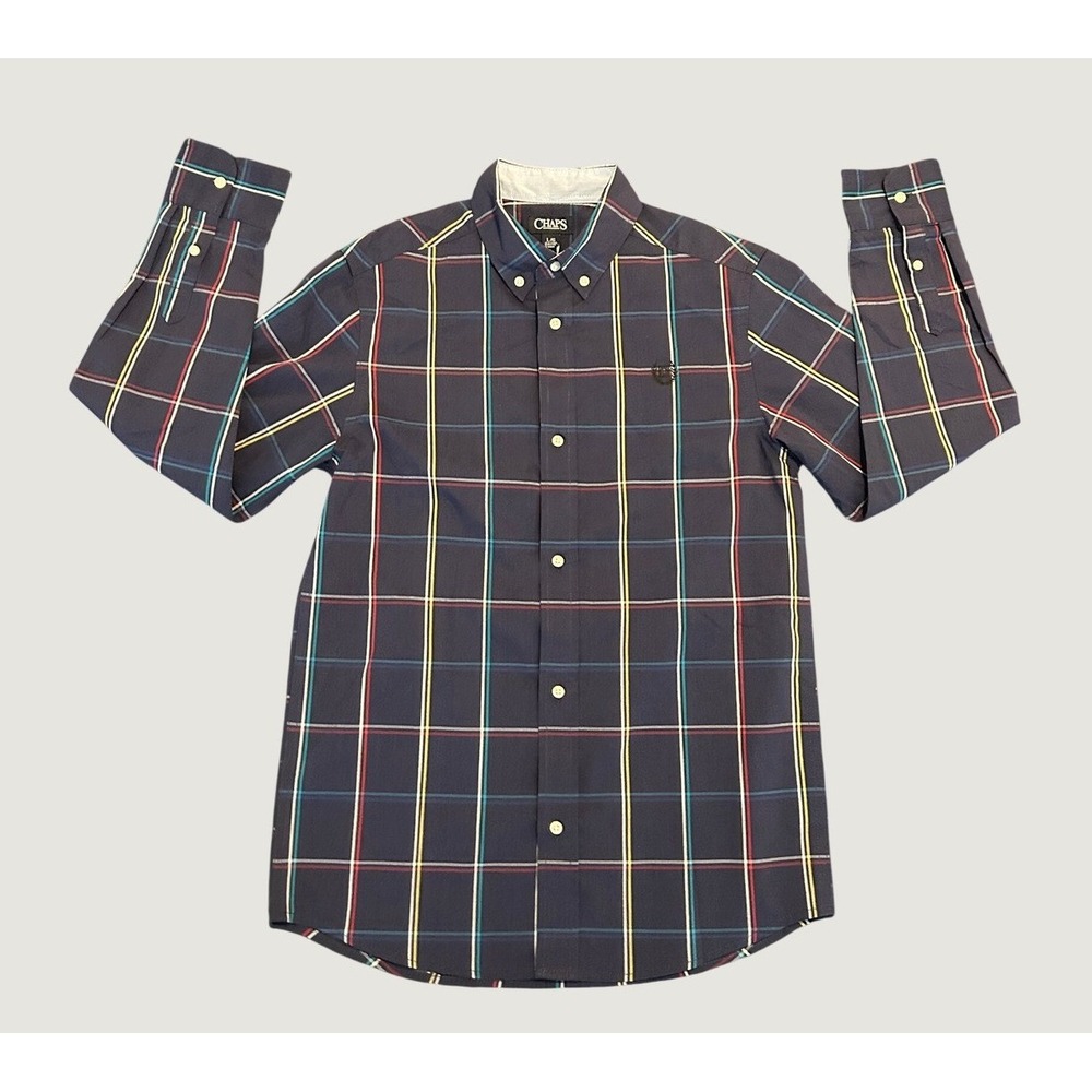 Chaps Boys Navy Blue Plaid Button Down Shirt Long Sleeve Size L 14/16 1513